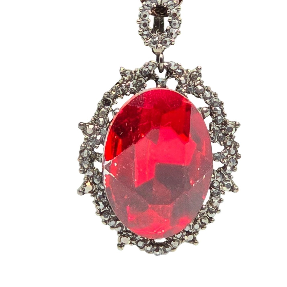 Vintage Red Rhinestone Pendant Necklace Black Tone Chain Statement Gothic Y2K 90 - Picture 2 of 9